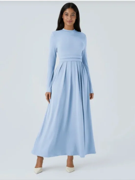Long-Sleeve Light Blue Maxi Dress - Picture 2 of 6